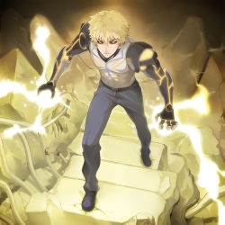 Rule 34 | 1boy, abs, belt, blonde hair, closed mouth, commentary request, cyborg, denim, electricity, full body, genos, glowing, jeans, legs apart, lips, male focus, miyo (13th floor), one-punch man, pants, serious, short hair, solo, spikes, stairs, toned, toned male, v-shaped eyebrows, yellow eyes