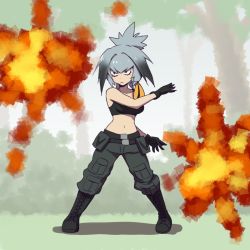 Rule 34 | 10s, 1girl, belt, black belt, black footwear, black gloves, black hair, black shirt, boots, cargo pants, closed mouth, commentary, crop top, cross-laced footwear, day, explosion, frown, gloves, grey hair, grey pants, head wings, inumoto, kemono friends, lace-up boots, long hair, low ponytail, multicolored hair, navel, orange hair, outdoors, pants, shadow, shirt, shoebill (kemono friends), side ponytail, solo, tsurime, wings
