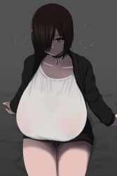 Rule 34 | 1girl, breasts, brown hair, hair over one eye, highres, huge breasts, jacket, nao (ritsancrossover), open clothes, open jacket, original, pai-chan (nao (ritsancrossover)), see-through, sitting