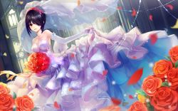 Rule 34 | 1girl, 300 heroes, artist request, bare shoulders, black hair, bouquet, breasts, bridal veil, bride, date a live, dress, flower, gloves, hair over one eye, large breasts, looking at viewer, open mouth, petals, red eyes, smile, solo, tokisaki kurumi, veil, wedding dress, white dress, white gloves