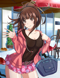 Rule 34 | 1girl, bag, belt, belt buckle, black shirt, blunt bangs, breasts, brown belt, brown eyes, brown hair, buckle, cleavage, closed mouth, collarbone, cowboy shot, day, floating hair, floral print, high ponytail, holding, holding bag, hood, hood down, hooded jacket, ikkitousen, jacket, layered skirt, long hair, looking at viewer, medium breasts, miniskirt, open clothes, open jacket, outdoors, pink jacket, pink skirt, pleated skirt, print skirt, shirt, skirt, smile, solo, standing, yagyu mitsuyoshi