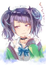 Rule 34 | 1girl, blue bow, blue bowtie, blush, bow, bowtie, character name, collarbone, collared shirt, commentary request, diagonal bangs, gomennasai, green jacket, heart, idolmaster, idolmaster shiny colors, jacket, long sleeves, looking away, looking to the side, off shoulder, parted lips, plaid, plaid bow, plaid bowtie, plaid neckwear, purple eyes, purple hair, shirt, sleeves past wrists, smile, solo, tanaka mamimi, translation request, twintails, white background, white shirt