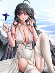 Rule 34 | 1girl, absurdres, aircraft, arm up, azur lane, bad id, bad pixiv id, black hair, blue sky, blush, bracelet, breasts, buko (bukosuki), cleavage, closed mouth, collarbone, dress, earrings, feet out of frame, garter straps, highres, jewelry, large breasts, licking lips, long hair, looking at viewer, official alternate costume, red eyes, sitting, sky, smile, solo, taihou (azur lane), taihou (temptation on the sea breeze) (azur lane), thighhighs, tongue, tongue out, white dress, white thighhighs
