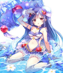 Rule 34 | 1girl, :o, ahoge, arm support, arm up, bare arms, bare shoulders, bead bracelet, beads, blue footwear, blue hair, blue ribbon, bracelet, breasts, cleavage, clothing cutout, commentary request, detached collar, emia (castilla), flower, frilled swimsuit, frills, full body, hair ornament, half-closed eyes, highres, jewelry, long hair, looking at viewer, medium breasts, navel, navel cutout, noa (shironeko project), one-piece swimsuit, petals, purple one-piece swimsuit, red eyes, ribbon, see-through, shade, shironeko project, shoes, side cutout, simple background, sitting, solo, swimsuit, two side up, wariza, water, wet, wet hair, white background, white flower