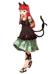 Rule 34 | 1girl, :d, adapted costume, alternate hairstyle, animal ears, arms behind back, bare shoulders, black footwear, blunt bangs, breasts, cat ears, cat tail, dress, extra ears, full body, green dress, hair behind ear, hair down, kaenbyou rin, light blush, long hair, looking at viewer, medium breasts, multiple tails, nekomata, off-shoulder dress, off shoulder, open mouth, pointy ears, red eyes, red hair, sandals, shimofuri, sidelocks, smile, solo, tail, toes, touhou, two tails, very long hair