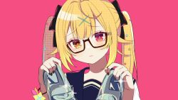 Rule 34 | 1girl, black nails, blonde hair, cinderella (vocaloid), commentary request, fingernails, glasses, heterochromia, highres, holding, holding shoes, hoshikawa sara, kakyoxx, looking at viewer, nail polish, nijisanji, official art, pink background, pink eyes, sailor collar, shoes, simple background, solo, star (symbol), star in eye, symbol in eye, twintails, virtual youtuber, vocaloid, yellow eyes