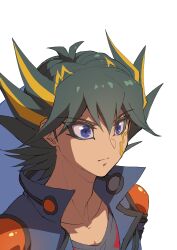 Rule 34 | 1boy, absurdres, black hair, black shirt, blue eyes, blue jacket, expressionless, facial mark, facial tattoo, fudo yusei, high collar, highres, jacket, looking to the side, male focus, marking on cheek, multicolored hair, open clothes, open jacket, shirt, short hair, shoulder pads, simple background, solo, spiked hair, streaked hair, tattoo, white background, youko-shima, yu-gi-oh!, yu-gi-oh! 5d&#039;s