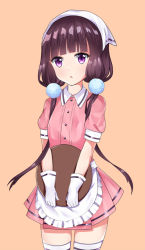 Rule 34 | 1girl, apron, beifang qiji, blend s, gloves, head scarf, highres, long hair, looking at viewer, low twintails, open mouth, pink background, purple eyes, sakuranomiya maika, short sleeves, skirt, solo, stile uniform, thighhighs, tray, twintails, very long hair, waitress, white gloves, white thighhighs