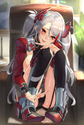 Rule 34 | 1girl, azur lane, black thighhighs, blush, breasts, chair, commentary request, feet on chair, grey hair, head tilt, highres, long hair, looking at viewer, mole, mole on breast, multicolored footwear, office chair, open mouth, prinz eugen (azur lane), scottie (phantom2), smile, solo, swivel chair, thighhighs, uniform, very long hair