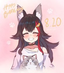 Rule 34 | 1girl, animal ear fluff, animal ears, bare shoulders, black choker, black hair, blush, cat, choker, closed eyes, commentary request, dated, facing viewer, grin, hair between eyes, hair ornament, hairclip, happy birthday, highres, hololive, kukie-nyan, long hair, multicolored hair, ookami mio, ookami mio (casual), paw print, pink background, red hair, shirt, sidelocks, smile, taiga (ookami mio), two-tone hair, upper body, virtual youtuber, white shirt, wolf ears, wolf girl