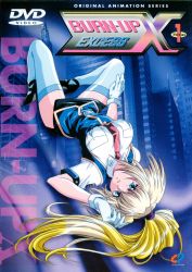 Rule 34 | 1990s (style), 1girl, absurdres, blonde hair, blue eyes, blue thighhighs, breasts, burn-up, burn-up excess, city, cover, dvd cover, female focus, full body, gloves, hand on own thigh, high heels, highres, kinezono rio, legs, long hair, police, police uniform, policewoman, ponytail, retro artstyle, shirt, shoes, skirt, sky, solo, thighhighs, uniform, very long hair