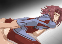 Rule 34 | 1girl, arm grab, ass, bodysuit, breast press, breasts, breasts out, censored, clenched teeth, closed eyes, clothed female nude male, code geass, furrowed brow, hairband, kouzuki kallen, kyabakurabakufu, large breasts, legs, mosaic censoring, no bra, no panties, nude, open clothes, penis, rape, red hair, restrained, sex, short hair, simple background, solo focus, teeth, thighs, vaginal