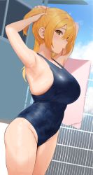 Rule 34 | 1girl, adjusting hair, armpits, arms up, bare arms, bare shoulders, blonde hair, blue one-piece swimsuit, blush, breasts, closed mouth, covered navel, cowboy shot, day, dutch angle, fence, from side, groin, hair between eyes, hair tie in mouth, highres, large breasts, legs together, long hair, looking at viewer, mouth hold, nekoshoko, one-piece swimsuit, open mouth, orange eyes, orange hair, original, outdoors, profile, solo, standing, swimsuit, thighs, towel, tying hair, wet, wet clothes, wet swimsuit