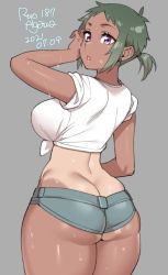 Rule 34 | 1girl, 2021, agawa ryou, ass, breasts, butt crack, dark-skinned female, dark skin, dated, denim, denim shorts, green hair, grey background, large breasts, looking at viewer, looking back, original, short hair, short shorts, shorts, simple background, solo, sweat, tan, tanline, thick thighs, thighs