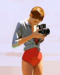 Rule 34 | 1girl, brown hair, camera, closed mouth, collared shirt, cowboy shot, faux traditional media, grey background, highres, holding, holding camera, long sleeves, one-piece swimsuit, original, photo-referenced, shirt, short hair, simple background, sketch, smile, solo, standing, swimsuit, swimsuit under clothes, taking picture, very short hair, white shirt, yuming li