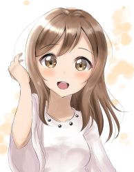 Rule 34 | 1girl, :d, blush, breasts, brown eyes, brown hair, collarbone, commentary request, hand up, head tilt, highres, kunikida hanamaru, long hair, long sleeves, looking at viewer, love live!, love live! sunshine!!, open mouth, round teeth, shirt, sin (sin52y), small breasts, smile, solo, teeth, upper body, upper teeth only, white shirt, wide sleeves