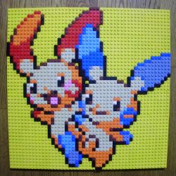 Rule 34 | :d, closed mouth, creatures (company), game freak, gen 3 pokemon, highres, lego, lego (medium), looking to the side, minun, nintendo, no humans, open mouth, photo (medium), pixel art, plusle, pokemon, pokemon (creature), simple background, smile, unconventional media, yellow background, you rei (blowback)