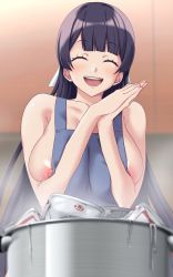 Rule 34 | 163 (shiromeshi), 1girl, apron, black hair, breasts, closed eyes, cooking, cooking pot, curry, d4dj, food, hair ornament, highres, kitchen, large breasts, long hair, naked apron, nipple slip, nipples, smile, standing, togetsu rei