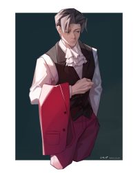 Rule 34 | 1boy, absurdres, ace attorney, ascot, coat, hand in pocket, highres, holding, holding clothes, holding coat, long sleeves, male focus, miles edgeworth, parted bangs, shading, solo, vest, wt2575