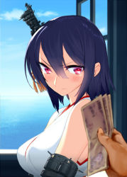 Rule 34 | &gt;:(, 10s, 1girl, armlet, bare shoulders, blew andwhite, blue sky, blurry, blush, day, depth of field, frown, hair between eyes, hair ornament, japanese clothes, kantai collection, looking away, looking to the side, money, nontraditional miko, ocean, open window, pink eyes, pov, pov hands, purple hair, revision, short hair, sky, solo focus, turret, upper body, v-shaped eyebrows, water, wavy mouth, window, yamashiro (kancolle)