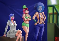 Rule 34 | 3girls, abs, alternate costume, alternate hairstyle, astronaut, bare shoulders, blue eyes, blue hair, breasts, brown eyes, crossed arms, denim, futurama, hands on own hips, hat, highres, jeans, lab coat, large breasts, looking away, looking to the side, mask, midriff, miniskirt, multicolored hair, multiple girls, navel, nefertari vivi, no shirt, one piece, pants, perona, pink hair, sitting, skirt, standing, suspenders, ulti (one piece)