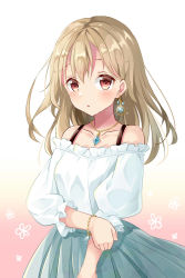 Rule 34 | 1girl, :o, bare shoulders, blush, bra strap, bracelet, breasts, collarbone, earrings, flower, frilled shirt, frilled sleeves, frills, gem, glint, gradient background, green skirt, highres, jewelry, long hair, long sleeves, looking at viewer, necklace, off-shoulder shirt, off shoulder, open mouth, original, pendant, pleated skirt, puffy long sleeves, puffy sleeves, shiro kuma shake, shirt, simple background, single earring, skirt, solo, sparkle, tareme, upper body, white background, white shirt