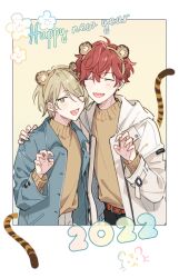 Rule 34 | 2022, 2boys, amagi hiiro, animal ears, belt, blonde hair, brown shirt, buttons, closed eyes, coat, collared shirt, commentary request, ensemble stars!, fake animal ears, fake tail, fingernails, flower, green eyes, hair between eyes, hand on another&#039;s shoulder, happy new year, hood, hood down, long sleeves, lower teeth only, male focus, multiple boys, new year, one eye closed, open clothes, open coat, outside border, paw pose, red hair, seuga, shiratori aira (ensemble stars!), shirt, short hair, tail, teeth, tiger, tiger ears, tiger tail, upper body