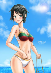 Rule 34 | 1girl, absurdres, bikini, black hair, blue sky, breasts, character name, cleavage, cloud, contrapposto, day, green eyes, highres, horizon, kantai collection, long hair, looking at viewer, mismatched bikini, mogami (kancolle), outdoors, ribbon, short hair, sky, skypixter, small breasts, solo, standing, swimsuit