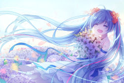 Rule 34 | 1girl, ahoge, blue hair, bouquet, closed eyes, dress, elbow gloves, floating hair, flower, gloves, hair flower, hair ornament, hatsune miku, highres, long hair, open mouth, solo, twintails, very long hair, vocaloid, white dress, yue yue