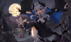 Rule 34 | 2girls, animal ears, ascot, asicah, bandage over one eye, bat (animal), black cape, black dress, black footwear, black gloves, blood, blood bag, blue eyes, blurry, blurry background, cape, commentary, dress, english commentary, english text, fangs, full moon, garter straps, gloves, hair between eyes, halloween, highres, horns, looking at viewer, medium hair, moon, multiple girls, necktie, night, open mouth, original, outstretched arms, purple eyes, tail, thighhighs, white hair, white legwear, wing collar