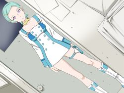 Rule 34 | 1girl, aqua hair, blue hair, breasts, cleavage, dress, eureka seven (series), indoors, interior, jewelry, necklace, pov, purple eyes, room, short hair, skirt, small breasts, standing