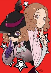 Rule 34 | 10s, 1girl, 2016, ;), brown eyes, brown hair, dated, feathers, finger to mouth, gloves, hat, hat feather, ichiichi, lips, looking at viewer, mask, matching hair/eyes, megami tensei, okumura haru, one eye closed, persona, persona 5, purple eyes, purple gloves, red background, ribbed sweater, shin megami tensei, short hair, simple background, smile, solo, star (symbol), sweater, wand3754