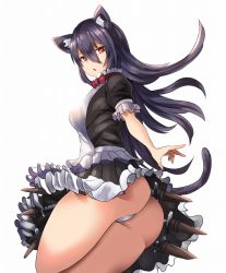 Rule 34 | animal ears, ankoku broccoli, apron, ass, black dress, black hair, breasts, cat ears, cat tail, dagger, dress, eyebrows, frilled apron, frills, from behind, hair between eyes, highres, knife, long hair, looking back, maid, medium breasts, original, panties, parted lips, red eyes, sheath, sheathed, simple background, solo, tail, underwear, very long hair, weapon, white background, white panties
