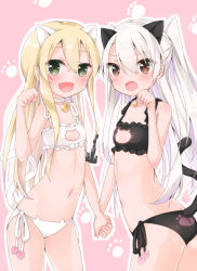 Rule 34 | 10s, 2girls, :d, :o, amatsukaze (kancolle), anchor hair ornament, animal ears, bare shoulders, bell, black panties, blonde hair, blush, cat cutout, cat ears, cat lingerie, cat tail, choker, cleavage cutout, clothing cutout, cowboy shot, fang, flat chest, hair ornament, holding hands, jingle bell, kantai collection, kemonomimi mode, lingerie, long hair, looking at viewer, matching outfits, meme attire, multiple girls, navel, open mouth, panties, paw pose, paw print, print panties, shimakaze (kancolle), side-tie panties, silver hair, smile, tail, two side up, uchuuneko, underwear, underwear only, white panties