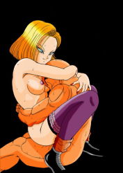 Rule 34 | 1boy, 1girl, android 18, artist request, blonde hair, blue eyes, breasts, covering privates, dragon ball, dragonball z, hetero, kuririn, medium breasts, nipples, nude, sex, shoes, short hair, smile, sweat, tagme, thighhighs, thighs, vaginal