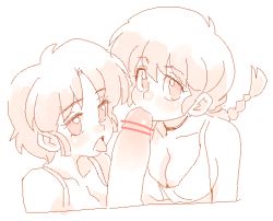Rule 34 | 1boy, 2girls, braid, breasts, censored, fellatio, hetero, isami meena, large breasts, looking at another, looking at viewer, lowres, monochrome, multiple girls, oral, penis, ranma-chan, ranma 1/2, single braid, tendou akane, tongue, tongue out