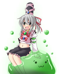 Rule 34 | 1girl, :3, arm ribbon, ass, blush, bow, brooch, dissolving, dissolving clothes, embellished costume, female focus, grey eyes, hair ribbon, hat, hat ribbon, ichimi, jewelry, long sleeves, magical girl, mononobe no futo, navel, open mouth, ponytail, ribbon, shirt, silver hair, sitting, skirt, slime (creature), smile, solid circle eyes, solo, touhou