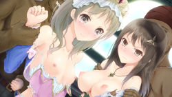 Rule 34 | 2boys, 2girls, arm behind back, arm grab, assisted exposure, atelier (series), atelier totori, blush, borubikku, breasts, brown eyes, brown hair, cecilia helmold, commentary request, dark-skinned male, dark skin, faceless, faceless male, glaring, hair ornament, headdress, highres, imminent rape, jewelry, large breasts, long hair, looking at viewer, multiple boys, multiple girls, nipples, pendant, restrained, small breasts, tears, torn clothes, totooria helmold, undressing another, wavy mouth