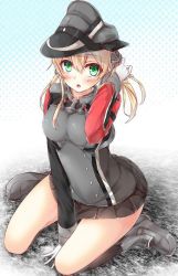 Rule 34 | 10s, 1girl, :o, blonde hair, blush, gloves, green eyes, hat, hypertan, kantai collection, looking at viewer, prinz eugen (kancolle), short hair, sitting, skirt, solo, twintails, wariza, white gloves