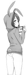 Rule 34 | animal ears, ass, blush, commentary request, fake animal ears, fake tail, from behind, game console, greyscale, highres, hood, hoodie, idolmaster, idolmaster million live!, legs, long sleeves, looking at viewer, minazuki tooru, mochizuki anna, monochrome, no pants, panties, rabbit ears, rabbit tail, sidelocks, smile, solo, tail, underwear, white background