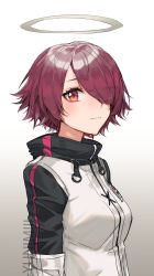Rule 34 | 1girl, absurdres, arknights, artist name, black sleeves, blush, breasts, closed mouth, exusiai (arknights), female focus, gradient background, grey background, hair over one eye, halo, highres, jacket, long sleeves, looking at viewer, medium breasts, red eyes, red hair, short hair, smile, solo, upper body, white jacket, yuni miii