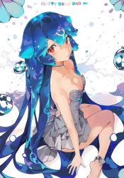 Rule 34 | 1girl, absurdly long hair, absurdres, bao (vtuber), bao (vtuber) (1st costume), blue hair, breasts, bubble, character name, cleavage, dress, grey dress, hair between eyes, hand on ground, happy birthday, highres, indie virtual youtuber, liquid hair, long hair, monosucre, red eyes, sitting, small breasts, solo, very long hair, virtual youtuber