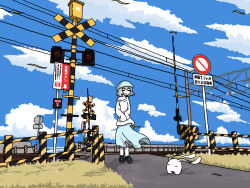 Rule 34 | 1girl, bare shoulders, black footwear, blue hair, blue hat, blue skirt, blue sky, bob cut, boom barrier, closed eyes, cloud, cloudy sky, creature, day, emesan desu, falling leaves, fence, floating clothes, full body, grass, hat, highres, leaf, light blue hair, loafers, long sleeves, off-shoulder shirt, off shoulder, open mouth, original, outdoors, overhead line, oversized clothes, power lines, railroad crossing, railroad signal, railroad tracks, road, road sign, rural, scenery, shirt, shoes, short hair, sign, skirt, sky, sleeves past fingers, sleeves past wrists, socks, solo, standing, street, traffic light, utility pole, white socks, wide shot, wind, winter