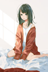 Rule 34 | 1girl, absurdres, bare legs, bare shoulders, barefoot, black eyes, black hair, brown jacket, collarbone, dated, day, highres, jacket, long hair, long sleeves, loungewear, messy hair, no pants, off shoulder, open clothes, open jacket, original, parted lips, sako (35s 00), shirt, signature, sitting, sleeves past fingers, sleeves past wrists, solo, tank top, wariza, white shirt, window shadow