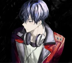 Rule 34 | 1boy, black background, black eyes, black hair, chamuring, closed mouth, hair between eyes, headphones, headphones around neck, highres, jacket, korean commentary, male focus, original, red jacket, shirt, simple background, solo, upper body, white shirt
