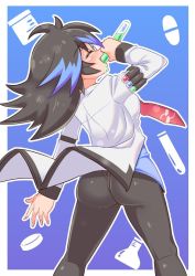Rule 34 | 1girl, ass, black hair, brave dungeon, breasts, closed eyes, coat, cougar (cougar1404), drinking, from behind, lab coat, long hair, majin shoujo, mari (majin shoujo), multicolored hair, necktie, pants, purple hair, shiny clothes, sideboob, solo, test tube, tight clothes, tight pants, two-tone hair, wedgie
