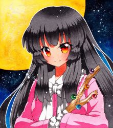 Rule 34 | 1girl, bad id, bad pixiv id, black hair, black sky, blouse, blue sky, bow, bowtie, breasts, buttons, closed mouth, collar, collared shirt, gradient sky, hair between eyes, hands up, houraisan kaguya, long hair, long sleeves, looking at viewer, medium breasts, moon, multicolored eyes, night, night sky, orange eyes, pink shirt, pink sleeves, qqqrinkappp, red eyes, shikishi, shirt, sky, smile, solo, star (sky), starry sky, touhou, traditional media, treasure, white bow, white bowtie, wide sleeves, yellow eyes, yellow moon