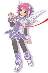 Rule 34 | 1girl, boots, dress, full body, looking at viewer, mechanical wings, ootsuka shin&#039;ichirou, original, pantyhose, pink hair, pinky out, puffy sleeves, robot ears, short hair, short sleeves, simple background, smile, solo, standing, string, string of fate, wings