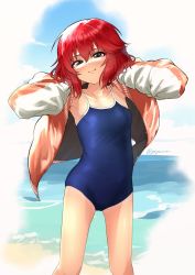 Rule 34 | 1girl, armpit peek, blue sky, blue one-piece swimsuit, blush, collarbone, feet out of frame, flat chest, gojarun, highres, horizon, idolmaster, idolmaster cinderella girls, jacket, letterman jacket, looking at viewer, murakami tomoe, one-piece swimsuit, outdoors, red eyes, sky, smile, solo, swimsuit, swimsuit under clothes, twitter username