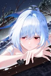 Rule 34 | 1girl, absurdres, bare shoulders, blue ribbon, blurry, blurry background, closed mouth, cup, fowthw, hair between eyes, hair ribbon, head rest, high ponytail, highres, holding, holding cup, honkai: star rail, honkai (series), jingliu (honkai: star rail), light blush, long hair, night, night sky, red eyes, ribbon, sky, snow, solo, star (sky), starry sky, tree, white hair